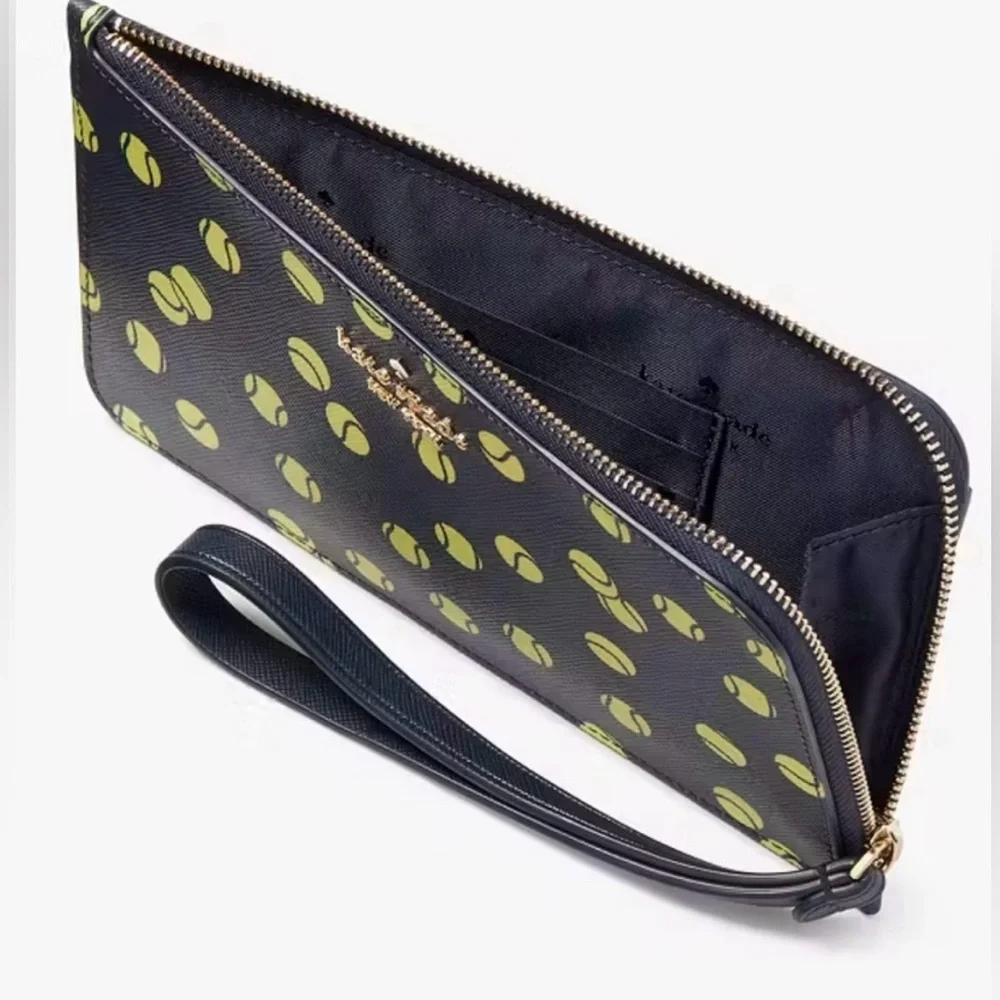 NWT Kate Spade Lucy Tennis Toss Medium L- O zip Wristlet Navy & Neon Yellow ball
